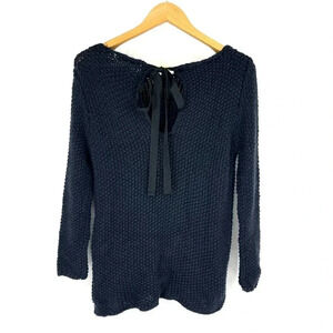 ZARA KNIT Bow Tie Back Chunky Sweater Size M Navy Keyhole Long Sleeve